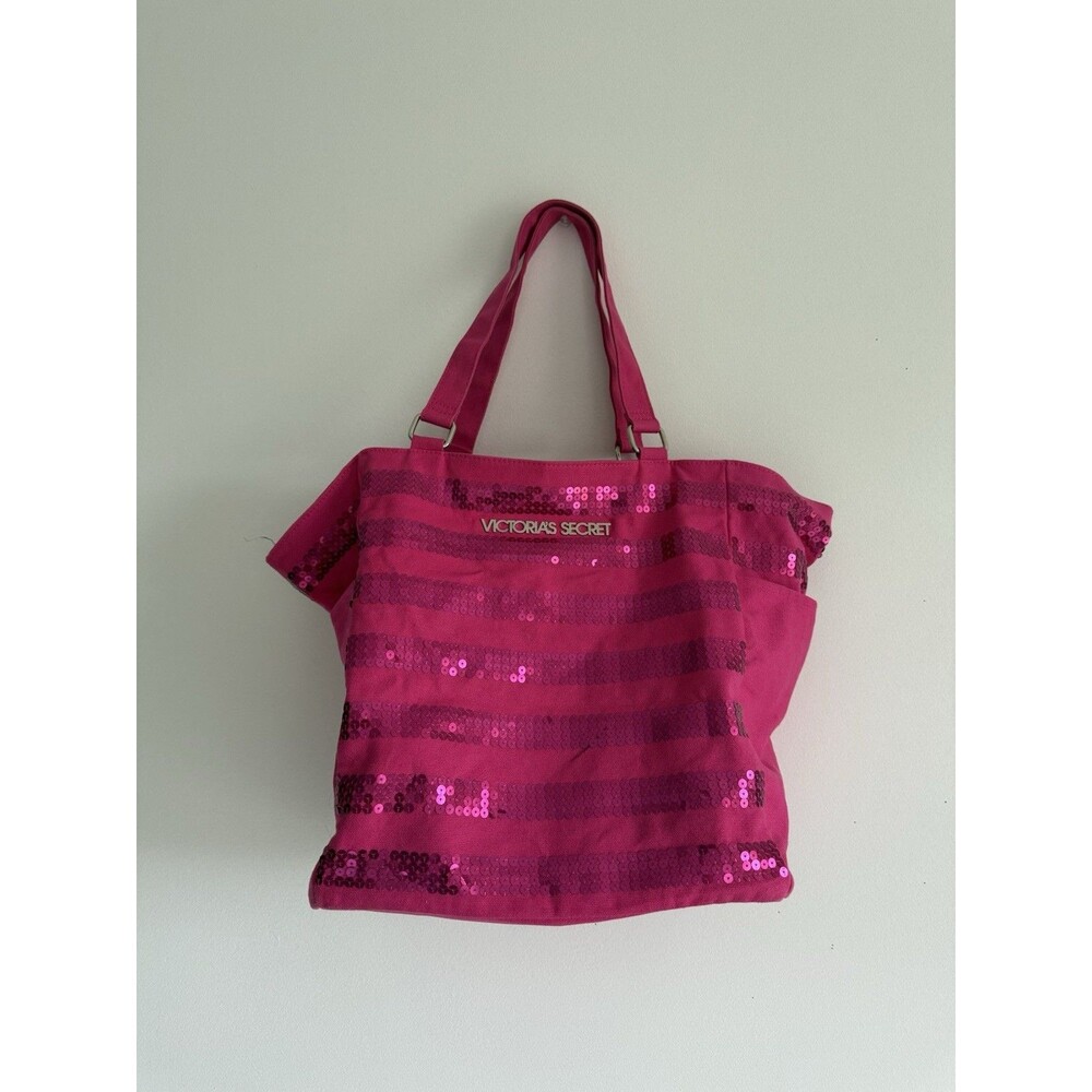 ✿ Victoria’s Secret Pink Sequin Stripe Canvas Tote Large Shoulder